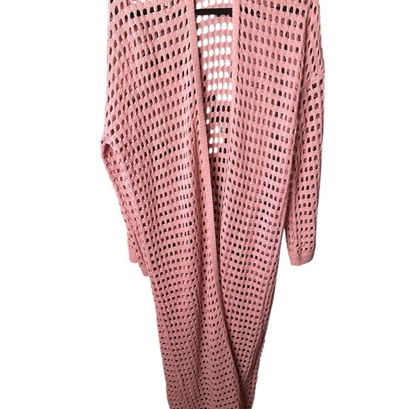 Coral Pink Long Open Knit Duster Cardigan - Picture 2 of 7